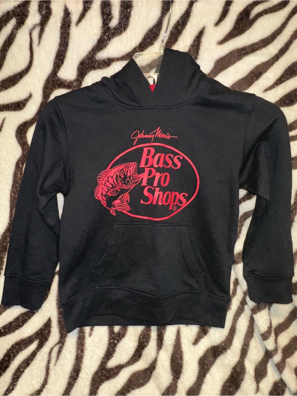 Kids Bass Pro Shops Black Hoodie with Red Logo Fish Graphic